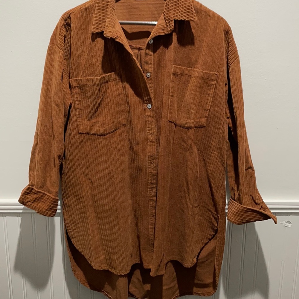 Corduroy shirt/dress. Size S. Dark cognac/tan.